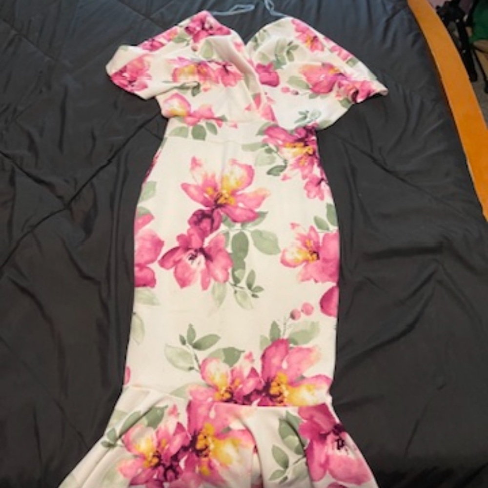 Floral over the shoulder dress, flare hem